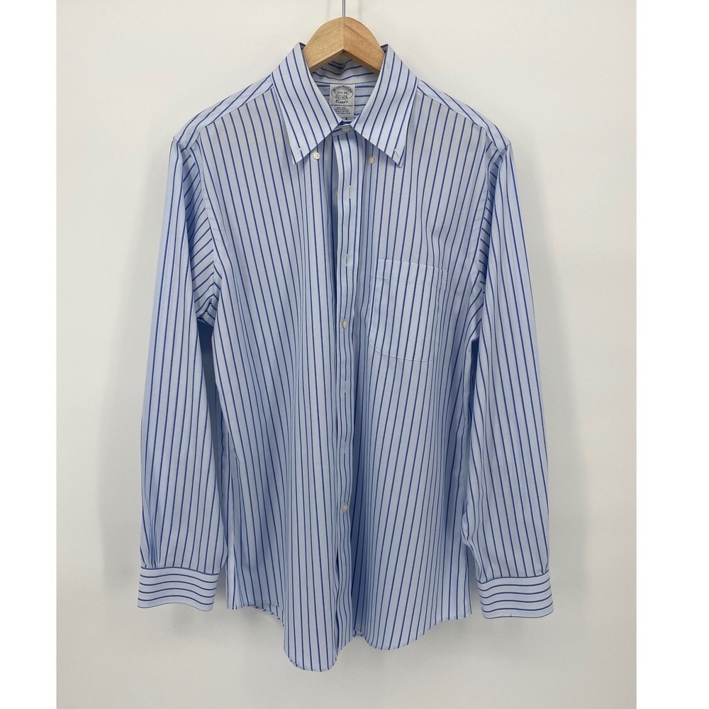 Brooks Brothers Shirt Mens 15.5-34 Blue Striped Good Non-Iron Supima Cotton